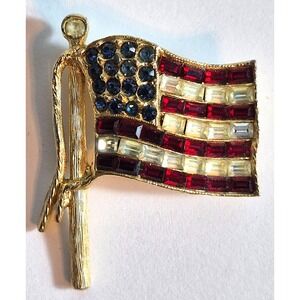 Ledo American Flag Brooch Pin Baguettes Rhinestones Rare Vintage Signed 1950s